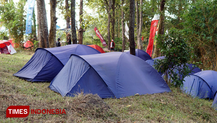 Peole pitching their tent at Puthuk Ubalan, Ubalan Waterpark, Pacet, Mojokerto. (Photo: Thaoqid Nur Hidayat/TIMES Indonesia)