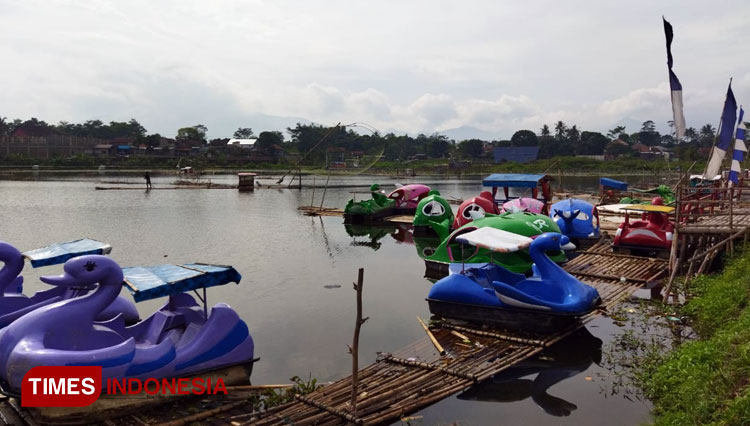 Puluhan perahu berbentuk angsa tertambat di antara rakit-rakit bambu di tepi Situ Bagendit yang sepi, lokasi danau ini tak jauh dari pusat kota kabupaten yakni di  Kecamatan Banyuresmi, Kabupaten Garut, Jawa Barat (Foto: Syaeful Rohman/Times Indonesia