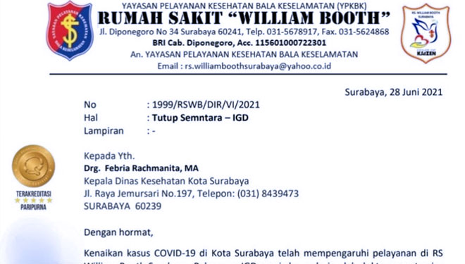 Kewalahan, Surat Permohonan Penutupan IGD RS Wiliam Booth ...