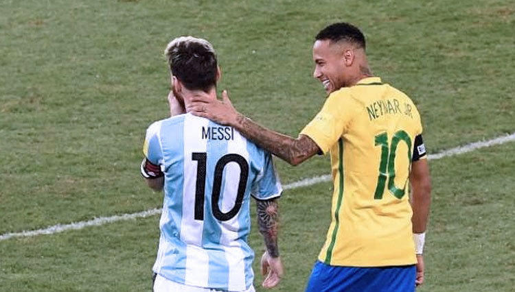 Bintang Brasil, Neymar JR dengan Leonel Messi. (FOTO: EVARISTO SA/AFP)