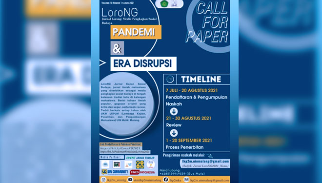 Pamflet Open Kontributor Penulis Jurnal LoroNG 2021 yang digelar oleh UKM LKP2M UIN Maliki Malang. (Foto: Muhammad Makhmuri For TIMES Indonesia)
