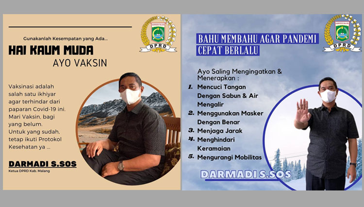 Ketua DPRD Kabupaten Malang Darmadi mengajak para Milenial mensukseskan program Vaksinasi. (Foto : Instagram Darmadi).