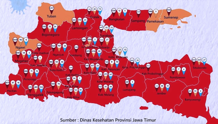 Peta zona risiko penyebaran Covid-19 di Provinsi Jawa Timur. (Grafis: Pemprov Jatim)
