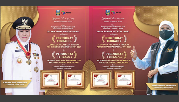 Pemprov Jatim melalui  BPSDM Jatim berhasil meraih dua penghargaan dengan kategori terbaik pertama sekaligus dari Lembaga Administrasi Negara RI