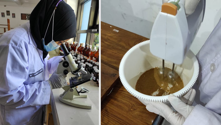 Mahasiswi Universitas Muhammadiyah Gresik saat membuat produk multivitamin berbahan dasar kulit buah delima (Foto: Akmal/TIMES Indonesia).