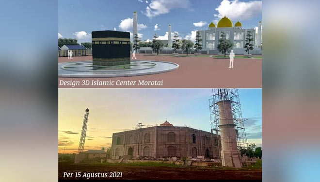 Desain dan progres pembangunan Masjid Raya Morotai. (Foto: Dok Benny Laos)