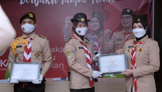 Ketua Kwarda Pramuka Jabar Atalia Praratya Ridwan Kamil saat jumpa pers virtual dari Gedung Kwarda Jabar, Kota Bandung, Jumat (20/8/21). (Foto: Adpim Jabar for TIMES Indonesia)
