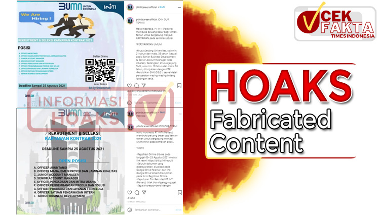 Unggahan akun Instagram PT INTI palsu menampilkan info pembukaan lowongan kerja.