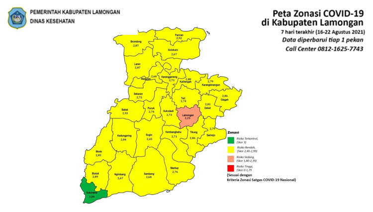 Peta Zonasi Covid-19 seluruh kecamatan di Kabupaten Lamongan, (Foto : Capture IG Dinkes Lamongan/TIMES Indonesia)