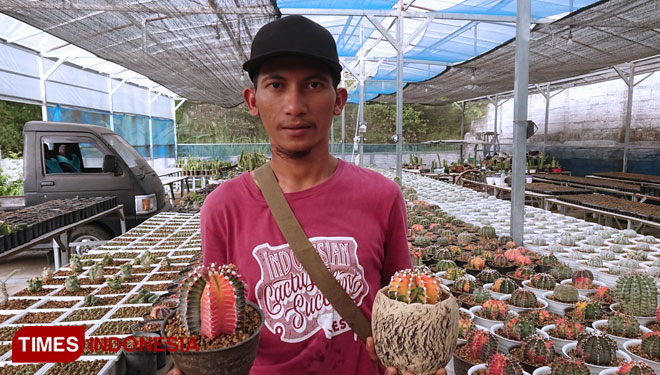 Yayan Santoso, warga Ngawi yang membudidayakan kaktus. (Foto: M.Miftakul/TIMES Indonesia)