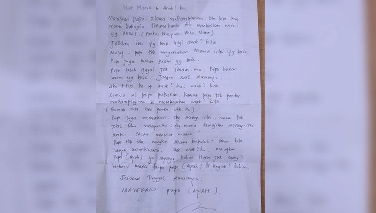 Surat wasiat peninggalan Prajurit TNI yang terjun dari Jembatan Suramadu. (FOTO: Istimewa)