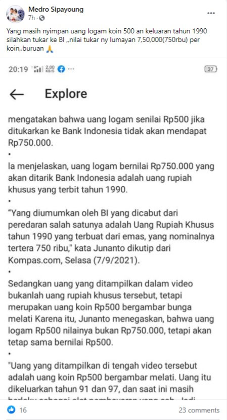 cek fakta penukaran Uang Koin 500 bank indonesia