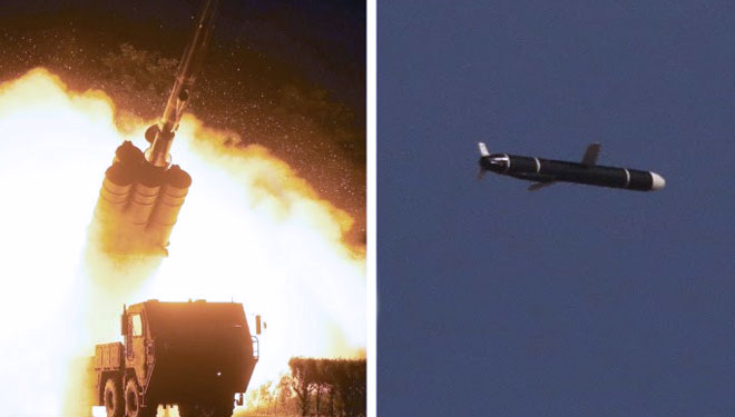 Dalam kombinasi foto tak bertanggal ini, Akademi Ilmu Pertahanan Nasional melakukan uji coba rudal jelajah jarak jauh di Korea Utara. (FOTO: Al Jazeera/ KCNA via Reuters)