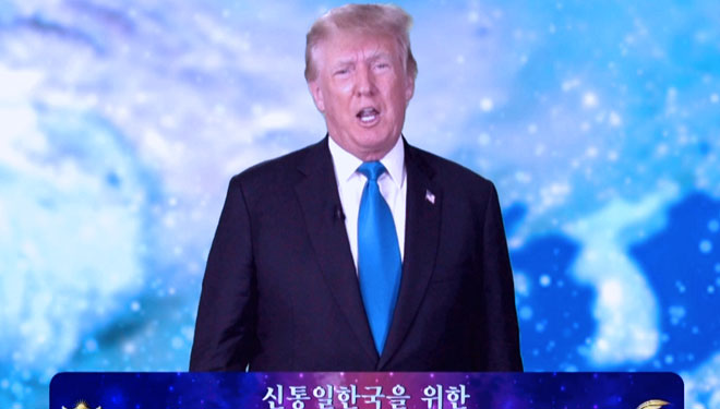  Mantan Presiden AS Donald Trump dalam sambutan di acara Think Tank 2022 pada 12 September 2021 waktu Korea. (Dok.UPF)