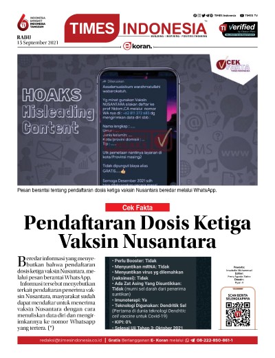 Edisi Rabu, 15 September 2021: E-Koran, Bacaan Positif Masyarakat 5.0