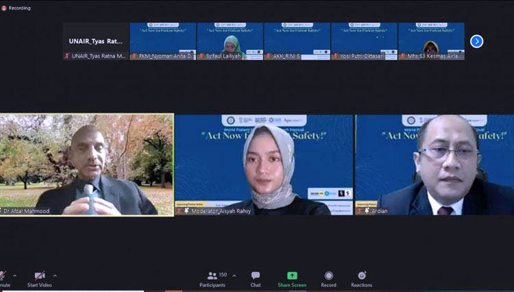 Sesi Tanya Jawab oleh Professor Mohammad Afzal Mahmood (University of Adelaide) dan Muhammad Ardian C.L., dr., SpOG(K)., M.Kes (Fakultas Kedokteran Universitas Airlangga) pada Hari Pertama Research Festival. (Foto: SS Zoom)