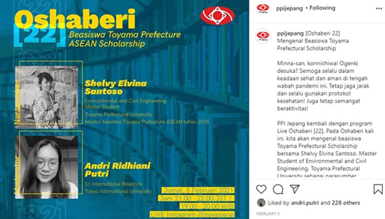 Program Live Instagram Oshaberi: Referensi Booklet Beasiswa Rabu (3/2/2021). (Foto: PPI Jepang for TIMES Indonesia)