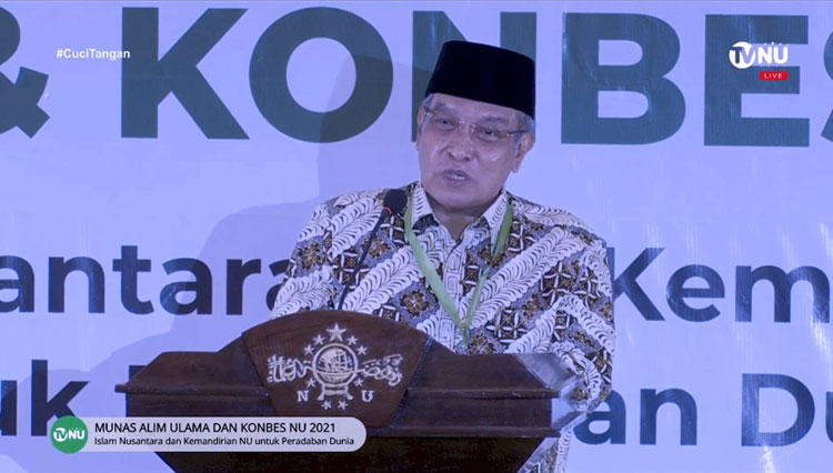 Ketua Umum Pengurus Besar Nahdlatul Ulama (PBNU) KH Said Aqil Siroj dalam sambutannya di acara pembukaan resmi Munas dan Konbes NU 2021 di Jakarta, Sabtu (25/9/2021). 