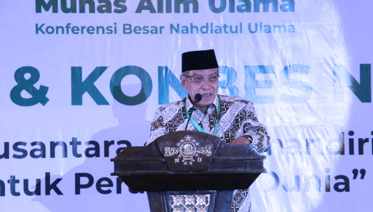 Ketua Umum PBNU, Said Aqil Siroj sambutan di acara Munas-Konbes NU 2021. (FOTO: dok NU)