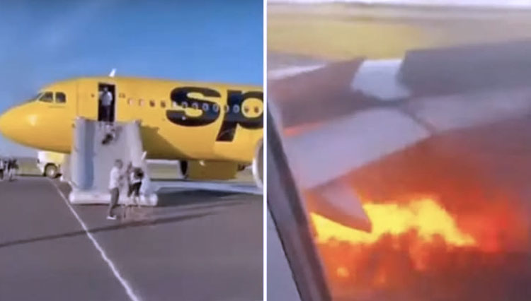 Mesin jet kanan pesawat Spirit Airlines terbakar saat lepas landas dari Atlantic City. (Foto: Shouzy)