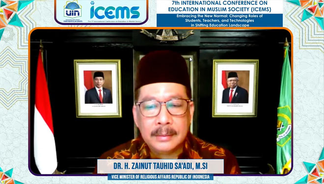 Wamenag Zainut Tauhid Sa'adi saat menyampaikan keynote speaker pada Konferensi Internasional ke-7 tentang Pendidikan dalam Masyarakat Muslim. (Foto: Youtube FITK UIN Jakarta) 