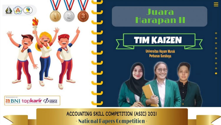 Ketiga mahasiswa Universitas Hayam Wuruk Perbanas, (dari kiri) Athala Asyifanaya, Cheline Cecylia Pardosi, dan M. Alif Zainal Fanani saat disematkan Juara Harapan 2 National Paper Competition dalam kegiatan Accounting Skill Competition (ASIC) 2021, Sab