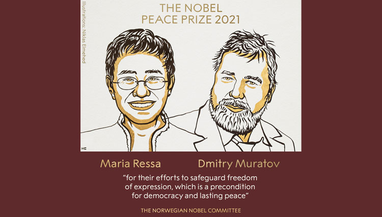 Jurnalis Maria Ressa dan Dmitry Muratov memenangkan Nobel Perdamaian 2021. (FOTO: Akun Twitter @NobelPrize)