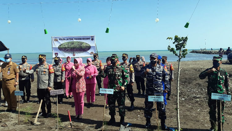 Suasana kegiatan penanaman di pesisir Pantai Larangan Desa Munjungagung Kecamatan Kramat Kabupaten Tegal, Selasa (12/10/2021) (Foto: Dok. Polres tegal)