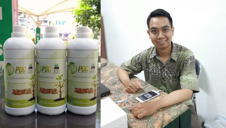 Pupuk organik cair NUPOC serbaguna (kiri), Dr. Sama’ Iradat Tito, kepala Pusdi K2L FMIPA Unisma Malang. (kanan)