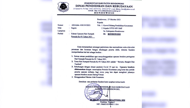 Surat Edaran Upacara HSP Disdikbud Bondowoso Tak Dapat Assesment Satgas Covid-19