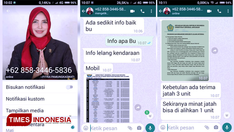 Tangkapan layar modus penipuan dengan mengatasnamakan Wakil Ketua DPRD kota Cirebon. (FOTO: Fitria Pamungkaswati For Times Indonesia)