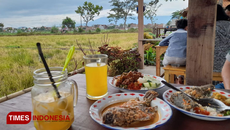Pengunjung menikmati makanan di Parikaton ditemani pemandangan manis berlatar sawah dan Gunung Arjuno. (Foto: Khodijah Siti/TIMES Indoenesia)