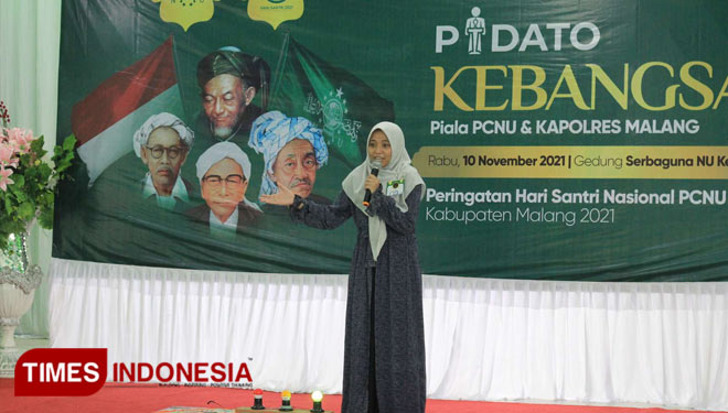 Salah satu peserta yang tampil pada Lomba Pidato Kebangsaan PCNU Kabupaten Malang. (Foto : Binar Gumilang/TIMES Indonesia)