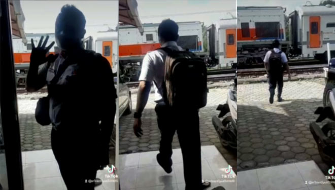 Potongan video viral seorang pegawai PT KAI dijemput kereta api di depan rumahnya (Foto : Rizki Alfian/ TIMESIndonesia)