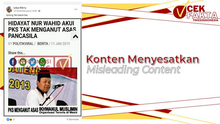 Postingan tangkapan layar artikel berita yang berjudul Hidayat Nur Wahid Akui PKS Tak Menganut Asas Pancasila.