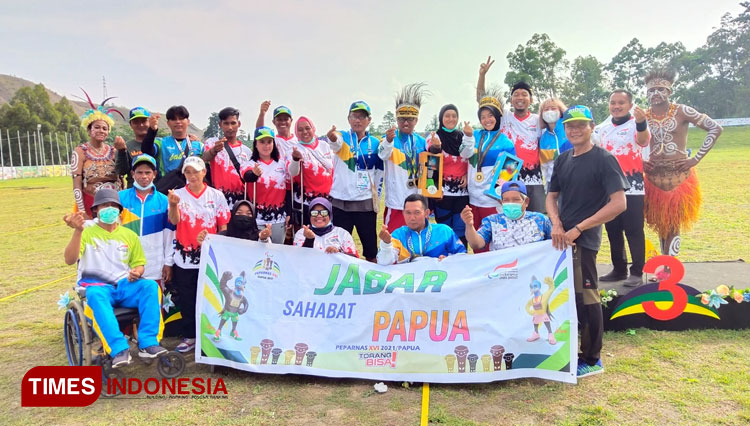 Kontingen Indramayu yang mewakili Provinsi Jawa Barat dalam Peparnas XVI Papua 2021.(Foto: NPCI Indramayu for TIMES Indonesia)