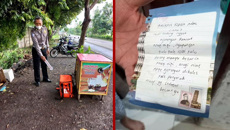 Petugas menunjukkan boks yang berisi bayi perempuan di lapak penjual minuman di kawasan lingkar timur dan Surat yang sengaja dibuat dan diletakkan di box shopee (Foto: Istimewa)
