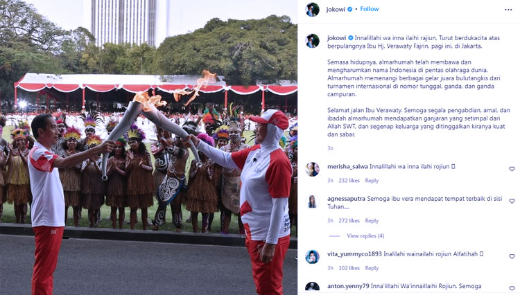Presiden RI Jokowi berduka cita atas meninggalnya pahlawan bulu tangkis Indonesia, Verawaty Fajrin. (Tangkapan layar akun Instagram @jokowi).