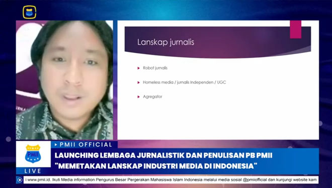 Ketua Umum Aliansi Jurnalis Independen (AJI) Sasmito Madrim saat menyampaikan materi pada webinar yang diselenggarakan PB PMII (FOTO : Tangkap layar)