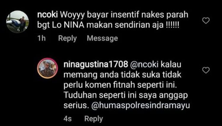 Komentar akun Instagram yang diduga memfitnah Bupati Indramayu.(Foto: Tangkapan layar Instagram)