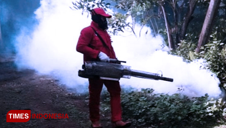 Petugas saat melakukan fogging di pekarangan warga Magetan. (FOTO: Dok. TIMES Indonesia)