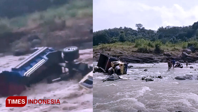 Sebuah truk terseret banjir di lokasi aliran sungai Kaligung, Kabupaten Tegal. (FOTO: Humas Polres Tegal For TIMES Indonesia)