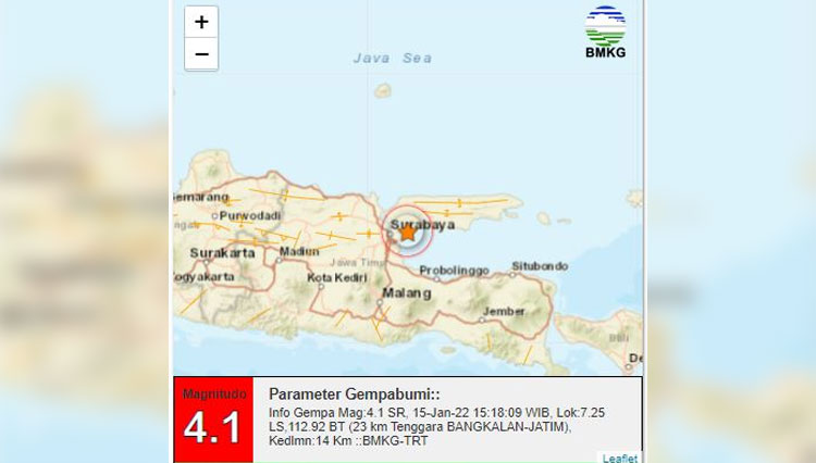 Gempa Magnitudo 4,1 Guncang Bangkalan Madura