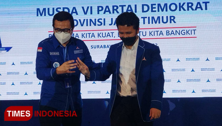 Dua calon Ketua DPD Demokrat Jatim, Bayu Airlangga (kiri) dan Emil Elistianto Dardak (kanan). (Foto: Ammar Ramzi/TIMES Indonesia)