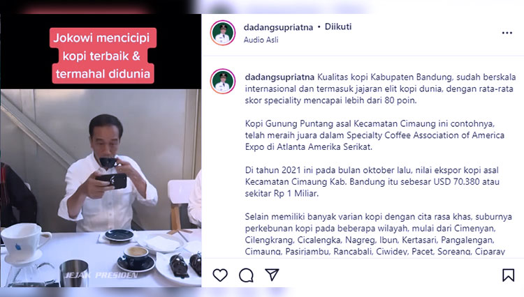 Video Presiden Jokowi cicipi dan memuji kopi terbaik dan termahal di dunia asal Kabupaten Bandung (Foto: Screenshot IG)